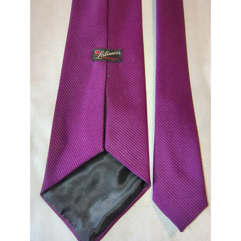 Vintage Latimers Solid Deep Purple 1970s Ribbed Fabric Polyester Necktie Joker
